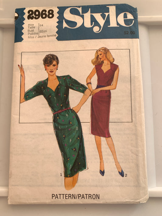 Style Sewing Pattern 2968 Misses' Dress, Short Sleeves, Sleeveless, Zipper Back, Size 14, Uncut, Vintage 1979