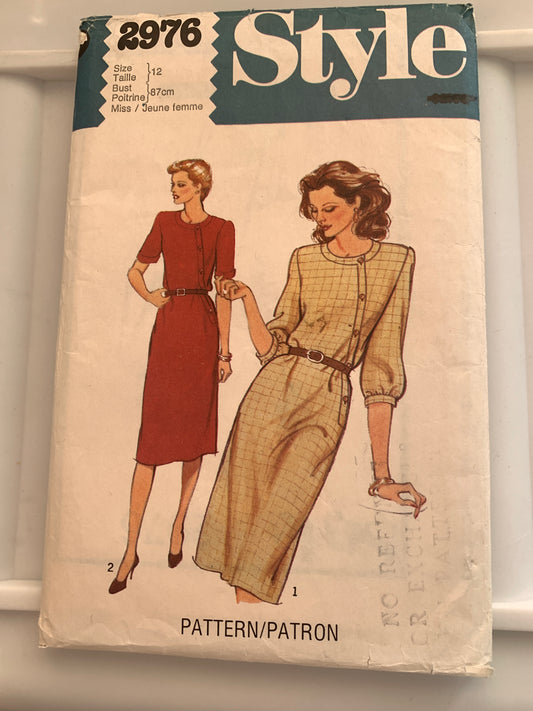 Style Sewing Pattern 2976 Misses' Dress, Long Short Sleeves, Button Closing, Size 12, Uncut, Vintage 1979