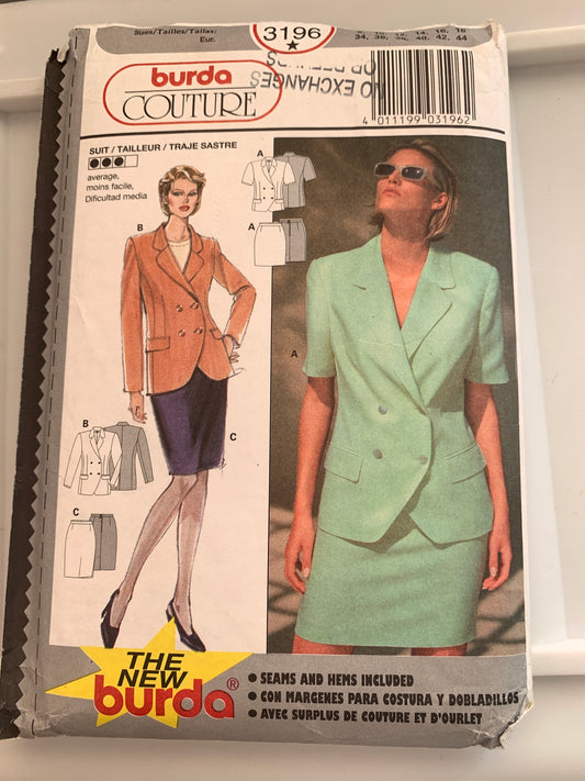 Burda Sewing Pattern 3196 Misses' Suit, Skirt, Jacket, Button Front, Semi-Fitted, Zipper Back, Size 8-18, Uncut, 2001