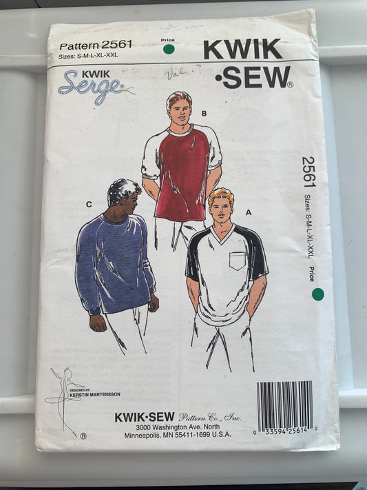 Kwik Sewing Pattern 2561 Men's Pullover Shirts, Long/Short Raglan Sleeves, Pocket, Size 34-52, Uncut, Vintage 1989