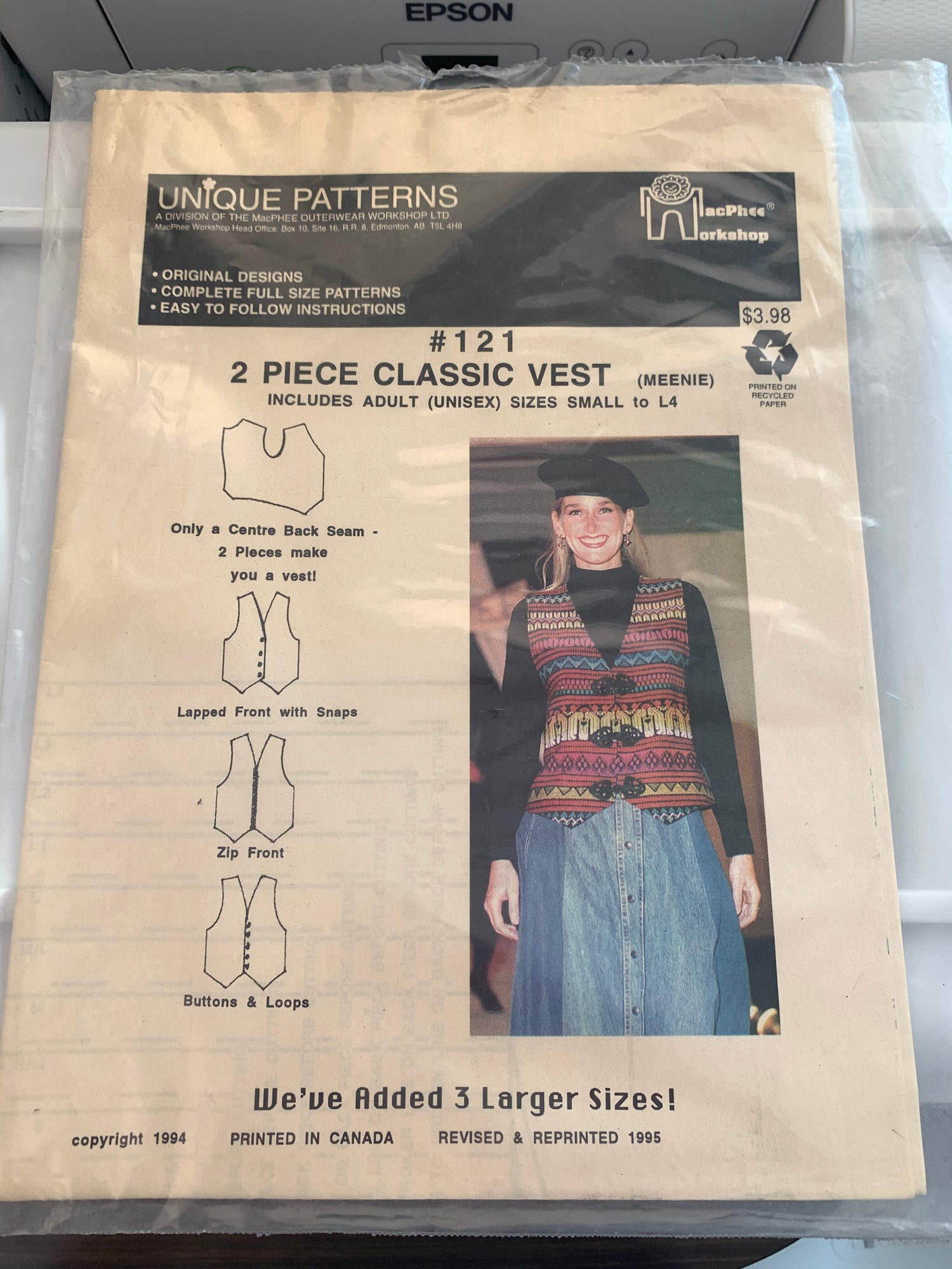 Unique Sewing Patterns 121 Adult Vest, Multi Size, Sleeveless, Button/Zipper Front, Size 34-50, Uncut, Vintage 1989