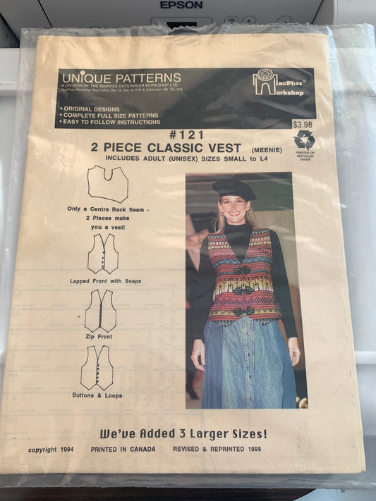 Unique Sewing Patterns 121 Adult Vest, Multi Size, Sleeveless, Button/Zipper Front, Size 34-50, Uncut, Vintage 1989
