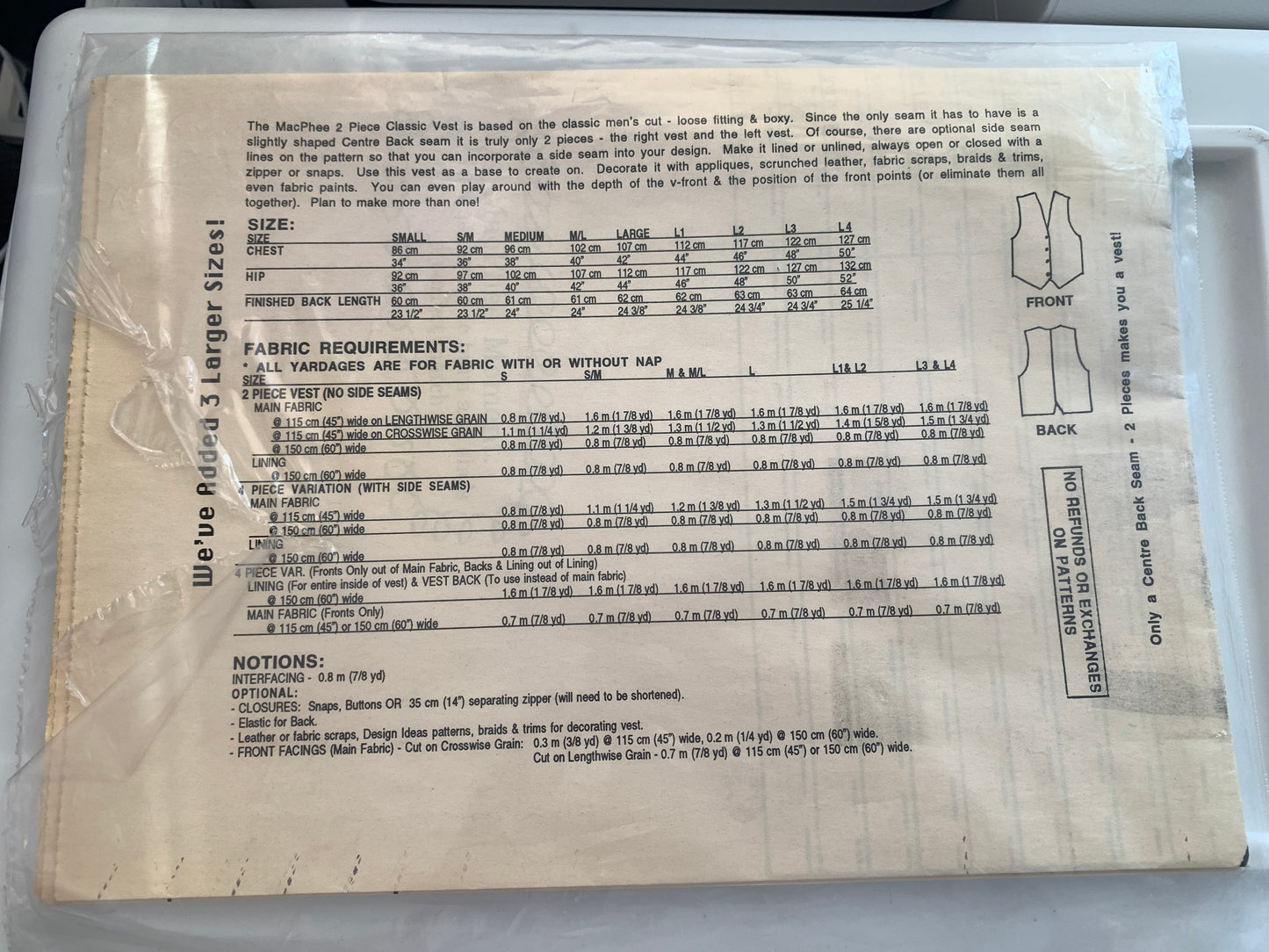 Unique Sewing Patterns 121 Adult Vest, Multi Size, Sleeveless, Button/Zipper Front, Size 34-50, Uncut, Vintage 1989