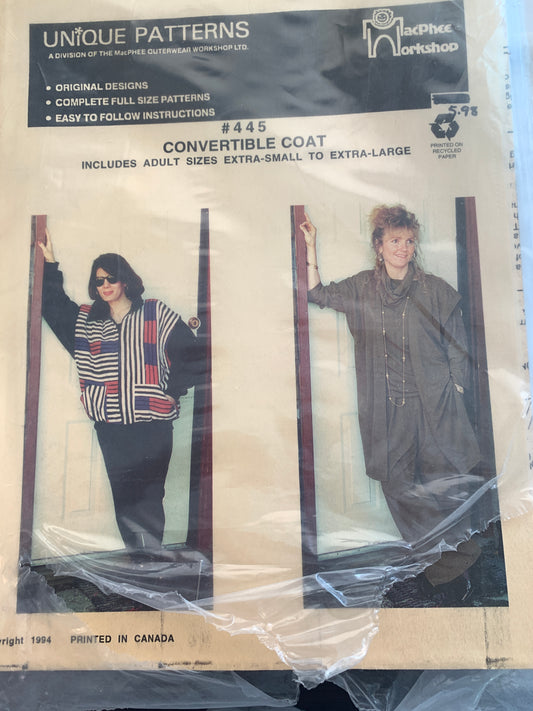 Unique Sewing Patterns Misses' Convertible Coat, Vest, Bomber Jacket, Pockets, Zipper Front, Size XS-XL, Uncut, Vintage 1994