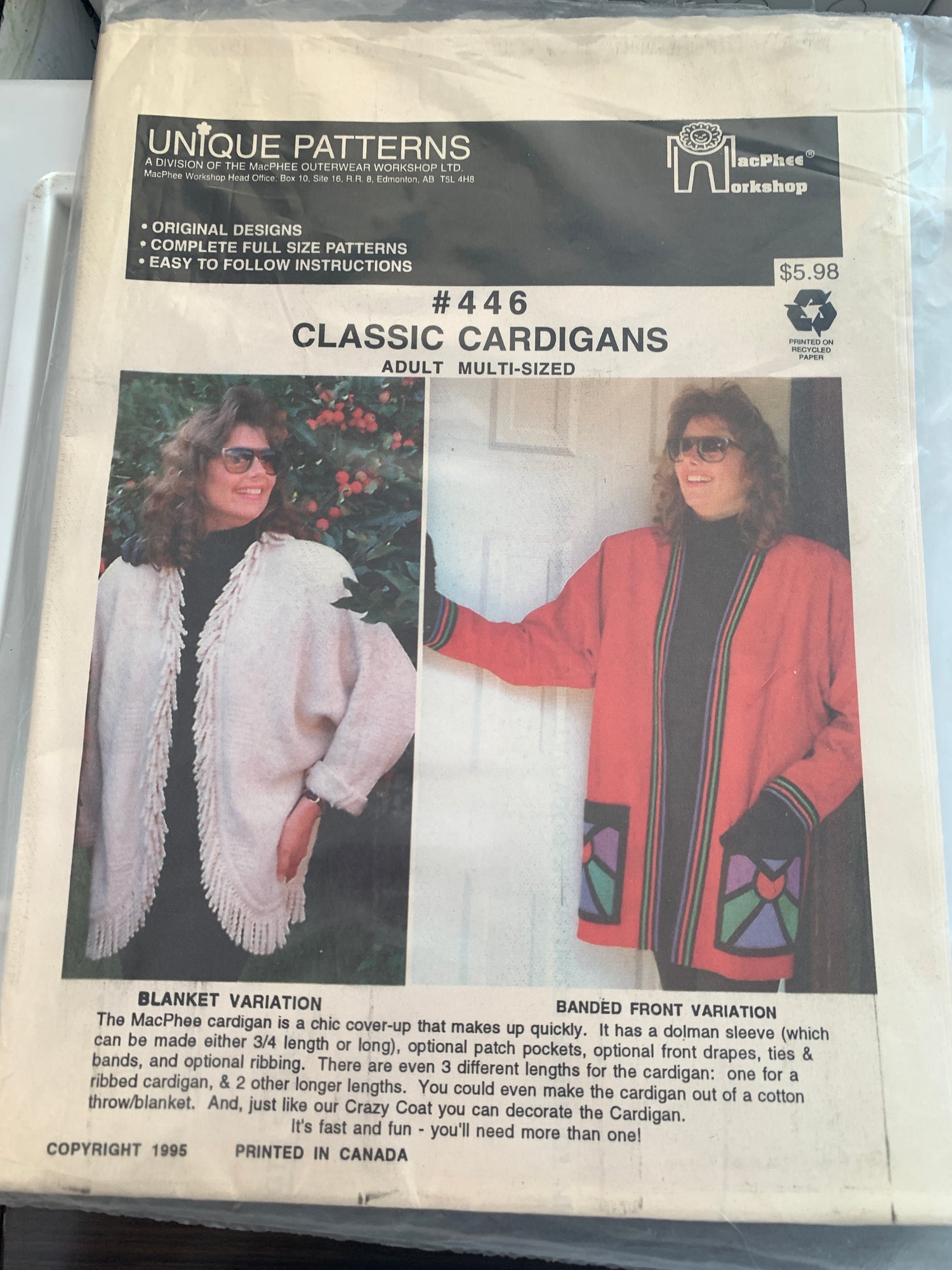 Unique Sewing Patterns 446 Misses' Cardigans, Shawl Collar, Variations, Pockets, Size XS-XXXL, Uncut, Vintage 1994