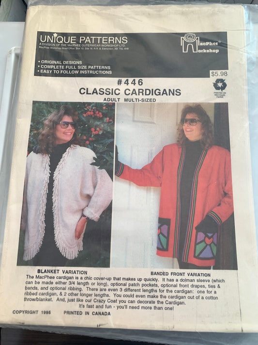 Unique Sewing Patterns 446 Misses' Cardigans, Shawl Collar, Variations, Pockets, Size XS-XXXL, Uncut, Vintage 1994