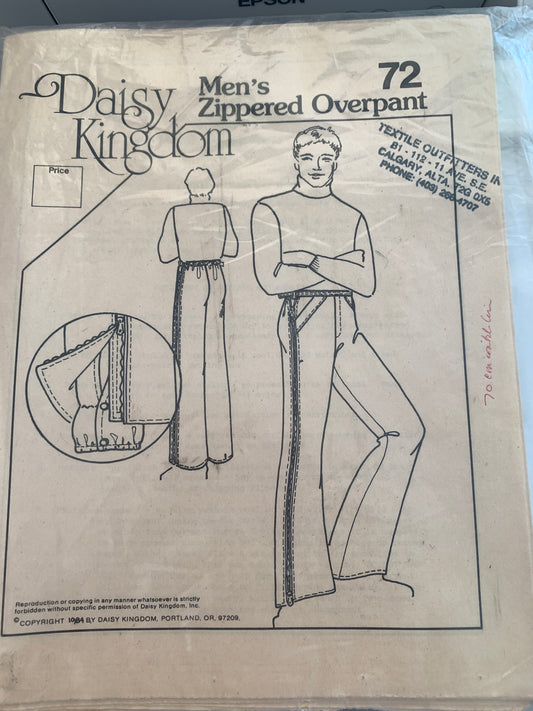 Daisy Kingdom Sewing Patterns 72 Men's Stretch Ski Pants, Zipper Front, Shoulder Straps, Size 24-44, Uncut, Vintage 1984