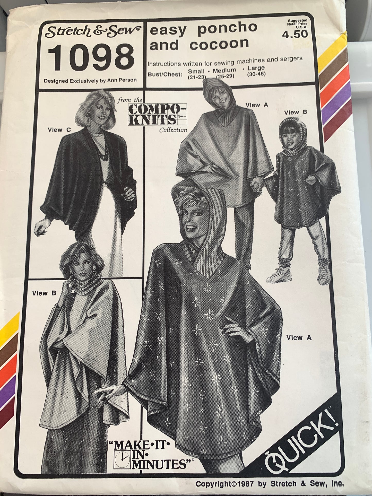 Stretch & Sew Sewing Pattern 1098 Ann Person Misses'/GirlsPonco, Cocoon, 5 Variations, Hood, Size 21-46, Uncut, 1987