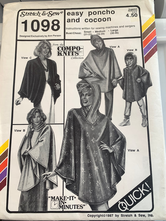 Stretch & Sew Sewing Pattern 1098 Ann Person Misses'/GirlsPonco, Cocoon, 5 Variations, Hood, Size 21-46, Uncut, 1987