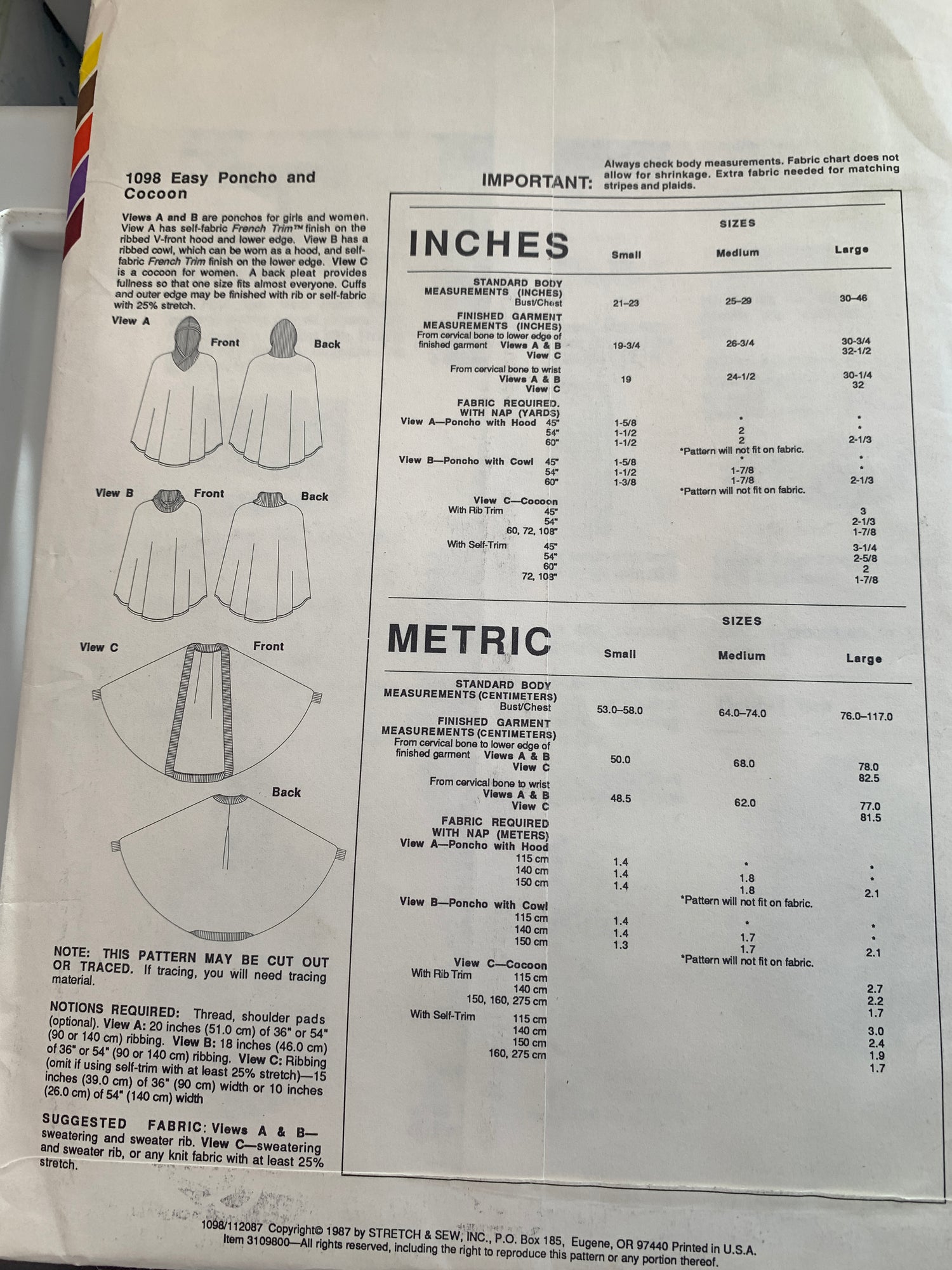 Stretch & Sew Sewing Pattern 1098 Ann Person Misses'/GirlsPonco, Cocoon, 5 Variations, Hood, Size 21-46, Uncut, 1987