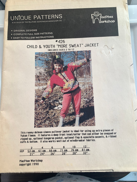 Unique Sewing Patterns 4261 Youth Sweat Jacket, Long Sleeves, Pockets, Zipper Front, Size 2-12, Vintage 1990