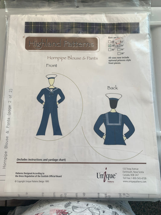 Unique Sewing Patterns Hornpipe Blouse, Pants, Highland Patterns, Long Sleeves, Size 28, Vintage 1990
