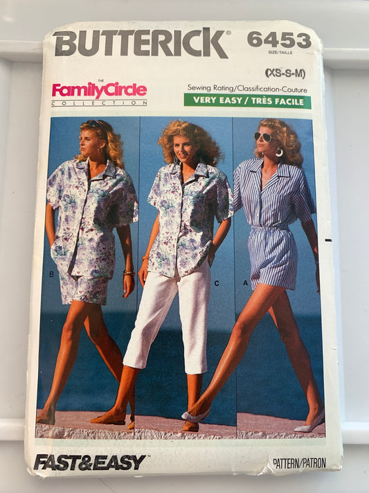 Butterick Sewing Pattern 6453 Misses' Shirt, Shorts, Pants, Button Front, Loose-Fitting, Pockets, Size 6-14, Uncut, Vintage 1988