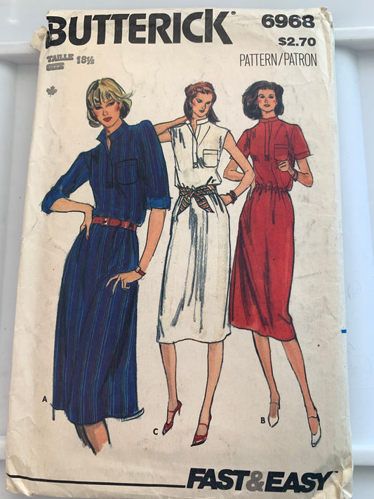 Butterick Sewing Pattern 6968 Misses' Dress, Half Size, Loose-Fitting, Long/Short Sleeves, Elastic Waist, Size 18 1/2, Uncut, Vintage 1970