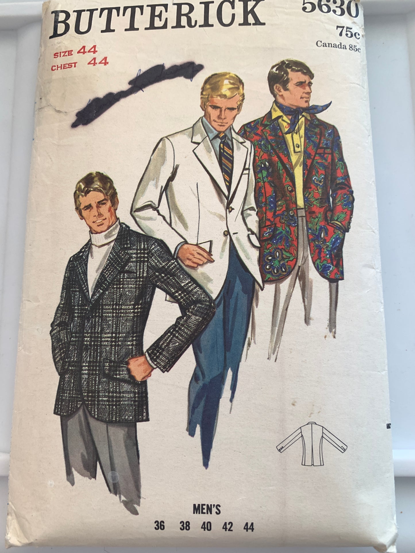 Butterick Sewing Pattern 5630 Men's Jacket, Semi-Fitted, Button Front, Pockets, Long Sleeves, Size 44, Uncut, Vintage 1994