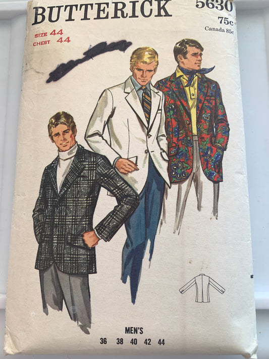 Butterick Sewing Pattern 5630 Men's Jacket, Semi-Fitted, Button Front, Pockets, Long Sleeves, Size 44, Uncut, Vintage 1994