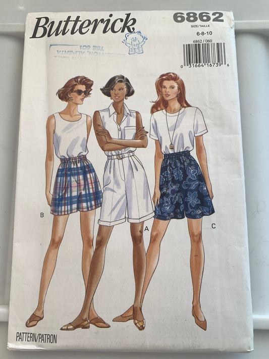 Butterick Sewing Pattern 6862 Misses' Shorts, Cuffed, Zipper Fly, Pleats, Size 6-10, Uncut, Vintage 1993