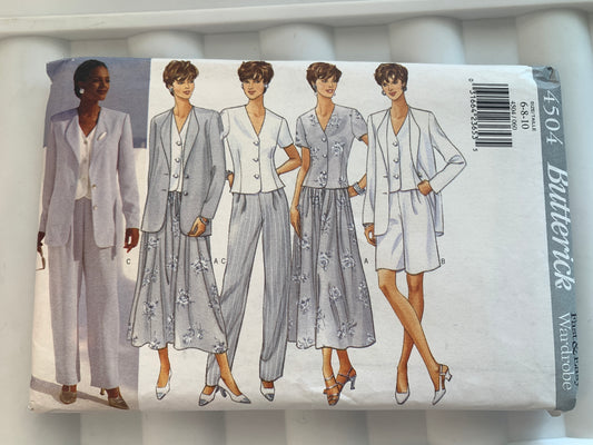 Butterick Sewing Pattern 4504 Misses'/Misses' Petite Jacket, Top, Skirt, Shorts, Pants, Button Front, Zipper, Shoulder Pads, Size 6-10, Uncut, Vintage 1998