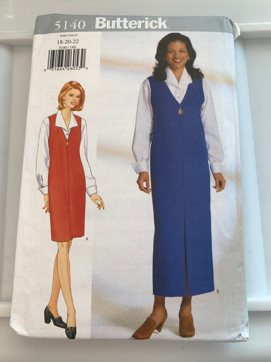 Butterick Sewing Pattern 5140 Misses' Jumper, Blouse, Loose-Fitting, Two Lengths, Zipper, Size 18-22, Uncut, Vintage 1997