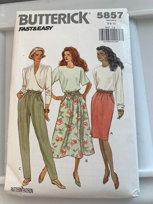 Butterick Sewing Pattern 5857 Misses'/Misses' Petite Skirt, Pants, Capris, Elastic Waist, Two Lengths, Tapered, Pockets, Size 6-10, Uncut, Vintage 1991