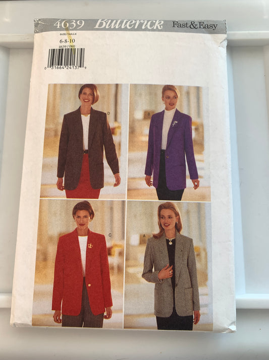 Butterick Sewing Pattern 4639 Misses' Jacket, Loose-Fitting, Shoulder Pads, Unlined, Long Sleeves, Size 6-10, Uncut, Vintage 1996