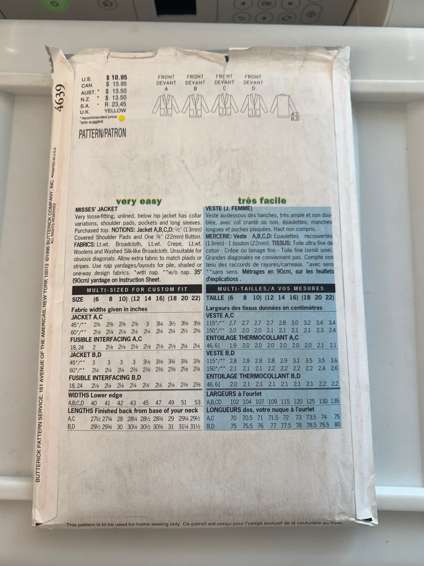 Butterick Sewing Pattern 4639 Misses' Jacket, Loose-Fitting, Shoulder Pads, Unlined, Long Sleeves, Size 6-10, Uncut, Vintage 1996