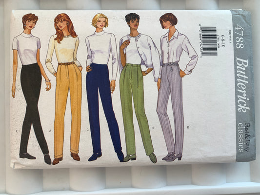 Butterick Sewing Pattern 4788 Misses' Pants, Tapered, Pockets, Fly Zipper, Size 6-10, Uncut, Vintage 1996