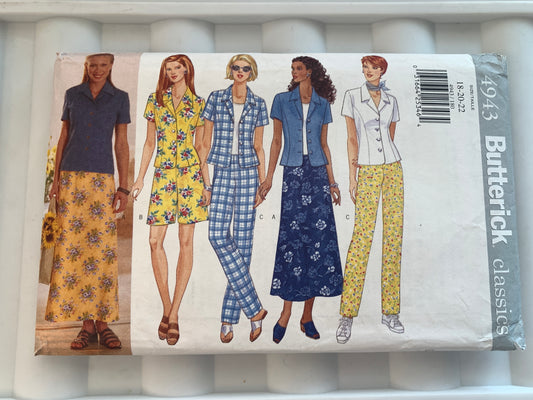 Butterick Sewing Pattern 4943 Misses'/Misses' Petite Top, Skirt, Shorts, Pants, Button Front, Zipper, Shoulder Pads, Size 18-22, Uncut, Vintage 1997