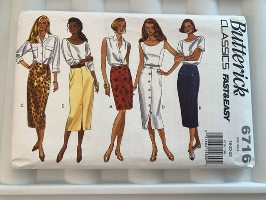 Butterick Sewing Pattern 6716 Misses' Skirt, Semi-Fitted, Button Front, Wrap, Zipper Back, Size 18-22, Uncut, Vintage 1993
