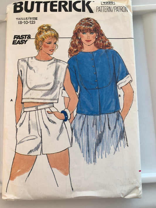 Butterick Sewing Pattern 4920 Misses' Blouse, Top, Loose-Fitting, Pullover, Sleeveless, Short Sleeves, Size 8-12, Uncut, Vintage 1993