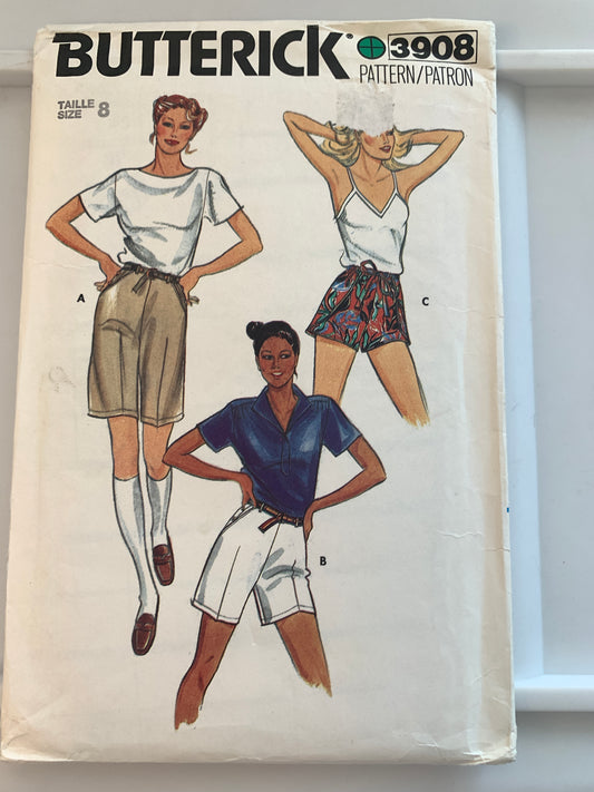 Butterick Sewing Pattern 3908 Misses' Shorts, Two Lengths, Pockets, Size 8, Uncut, Vintage 1993