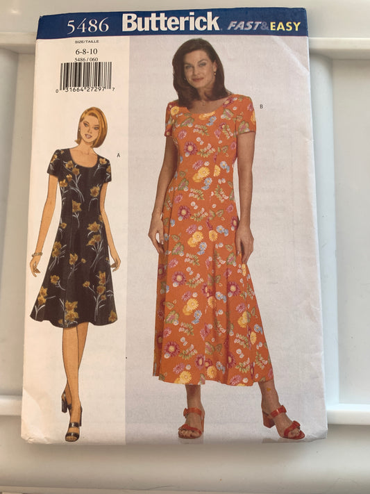 Butterick Sewing Pattern 5486 Misses'/Misses' Petite Dress, Close-Fitting, Zipper Back, Princess Seams, Size 6-10, Uncut, Vintage 1998