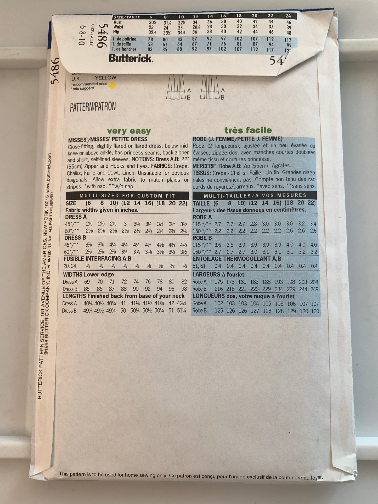 Butterick Sewing Pattern 5486 Misses'/Misses' Petite Dress, Close-Fitting, Zipper Back, Princess Seams, Size 6-10, Uncut, Vintage 1998