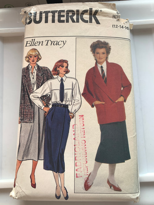 Butterick Sewing Pattern Ellen Tracy 6871 Misses' Jacket, Skirt, Shirt, Loose-Fitting, Pockets, Size 12-16, Uncut, Vintage 1990