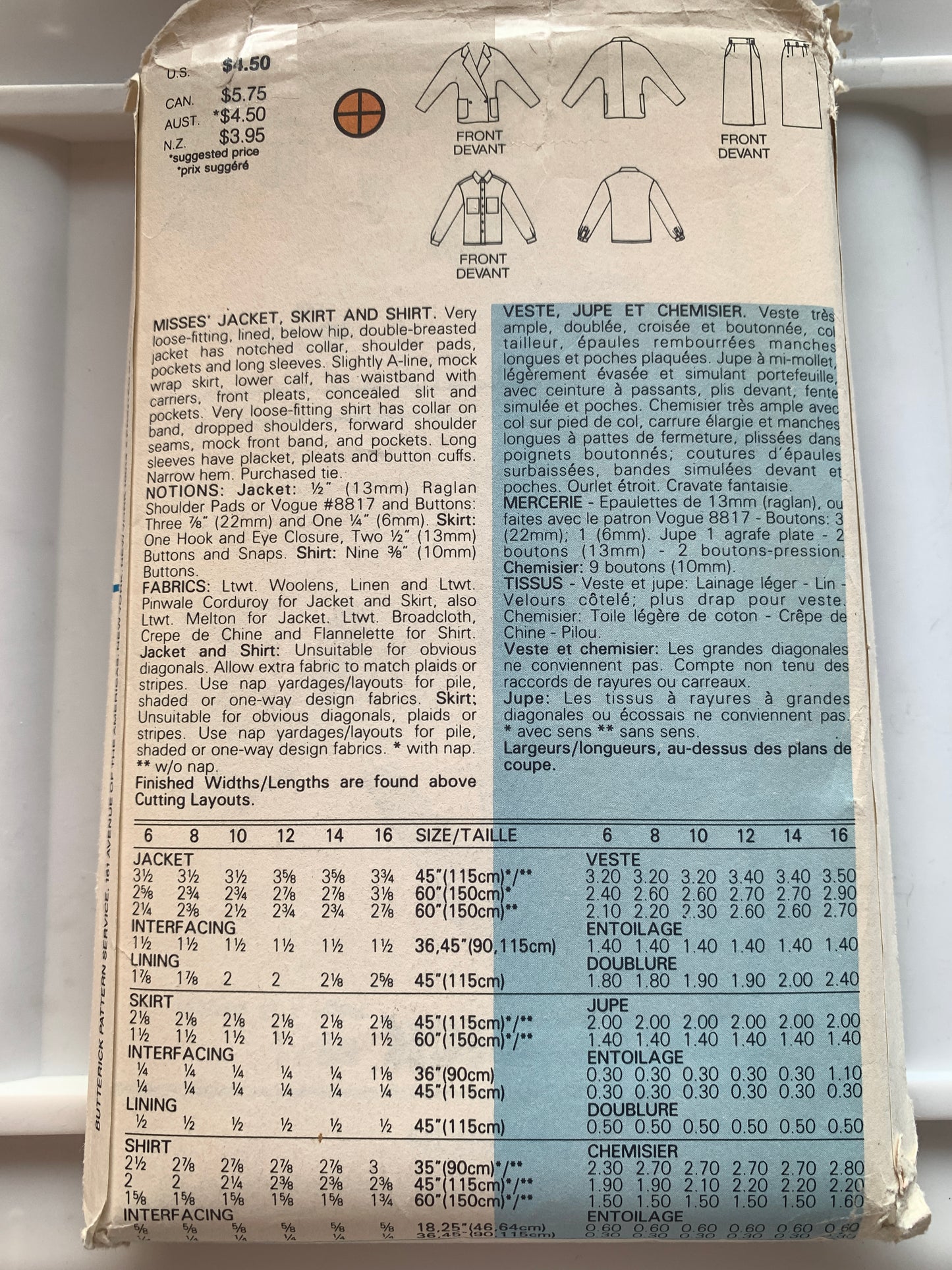 Butterick Sewing Pattern Ellen Tracy 6871 Misses' Jacket, Skirt, Shirt, Loose-Fitting, Pockets, Size 12-16, Uncut, Vintage 1990