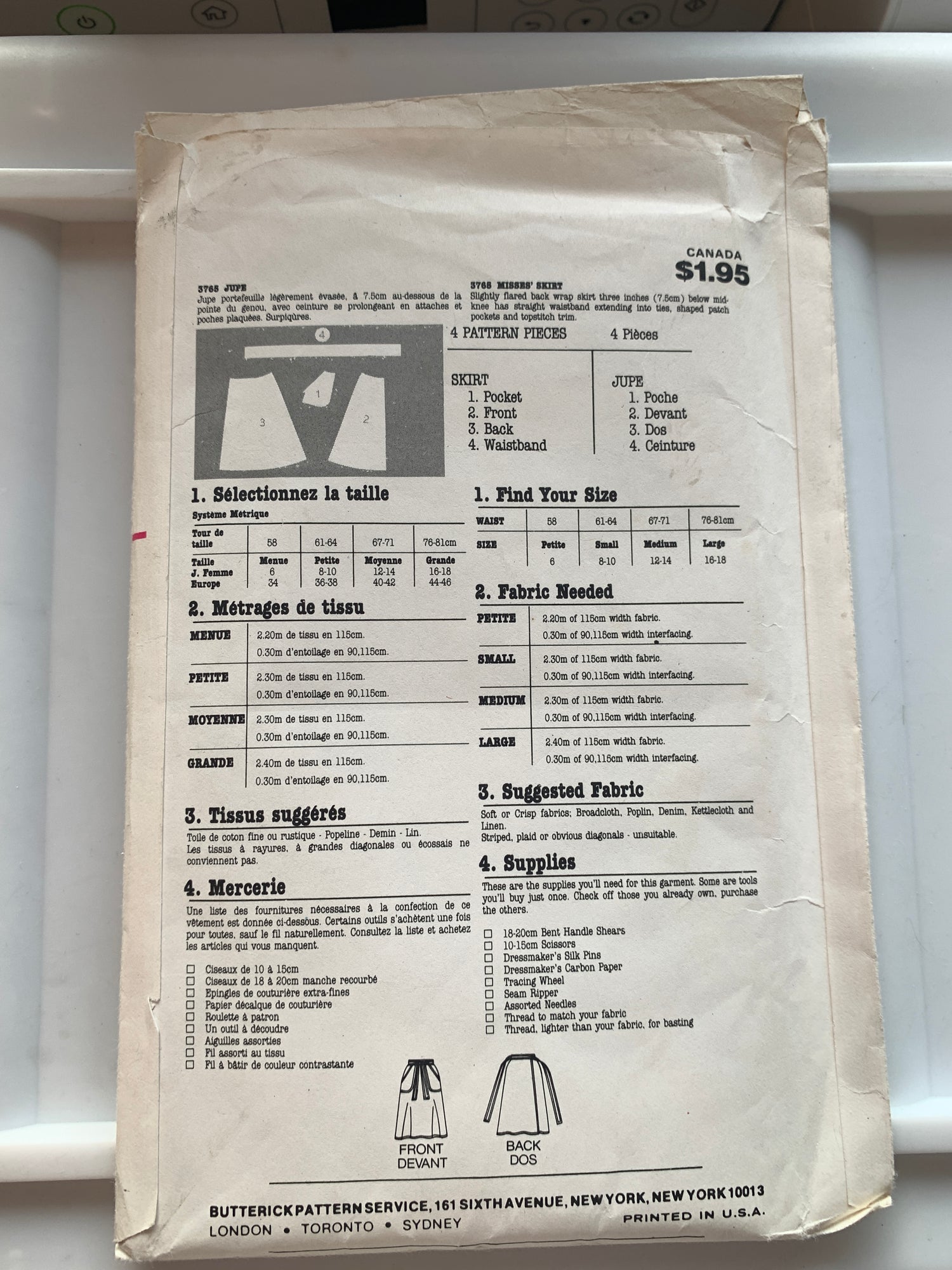 Butterick Sewing Pattern 3765 Misses' Skirt, Back Wrap, Size 8-10, Uncut, Vintage 1992