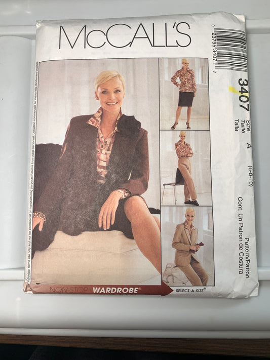 McCall's Sewing Pattern 3407 Misses'/Miss Petite Shirt Jacket, Shirt, Pants, Skirt, Princess Seams, Pockets, Size 6-10, Uncut, 2001
