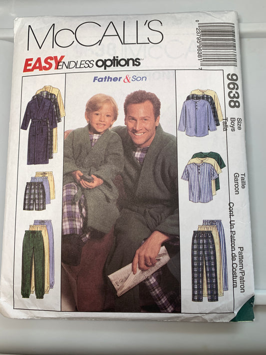 McCall's Sewing Pattern 9638 Men's/Boys' Robe, Top, Bottom, Shorts, Tie Belt, Long/Short Sleeves, Pockets, Boys 3-8, Men's 38-48, Uncut, Vintage 1998