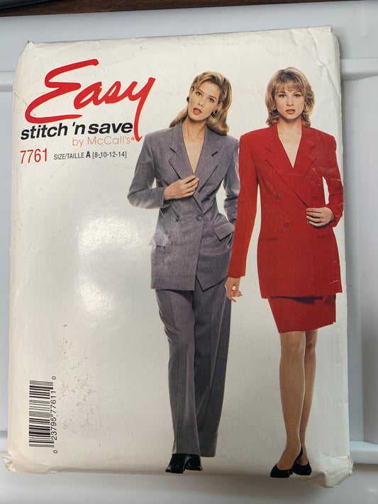 McCall's Sewing Pattern Stitch 'n Save 7761 Misses' Lined Jacket, Skirt, Pants, Pockets, Size 8-14, Uncut, Vintage 1995