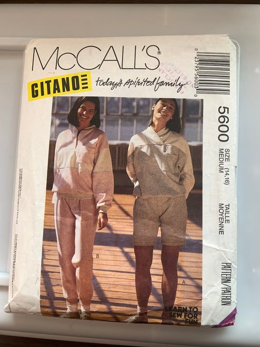 McCall's Gitano Sewing Pattern 5600 Misses' Tops, Pants, Shorts, Stretch Knits Only, Pullover, Elastic Waist, Size 14-16, Uncut, Vintage 1991
