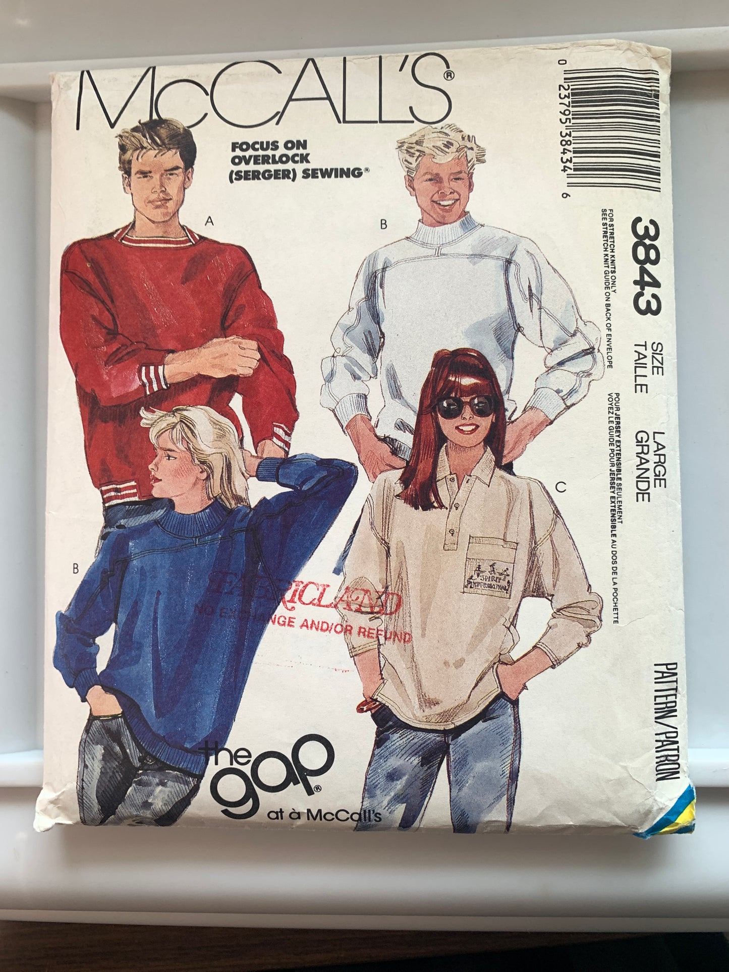 McCall's Sewing Pattern 3843 Misses'/Men's/Teens' Top, 3 Variations, Stretch Knit, Transfer, Pullover,  Size 40-42, Uncut, Vintage 1988