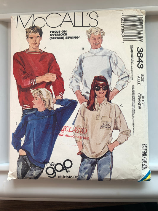 McCall's Sewing Pattern 3843 Misses'/Men's/Teens' Top, 3 Variations, Stretch Knit, Transfer, Pullover,  Size 40-42, Uncut, Vintage 1988