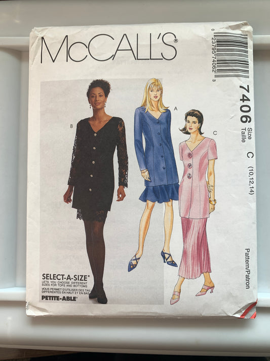 McCall's Sewing Pattern 7406 Misses' Unlined Jacket, Skirt, Semi-Fitted, Zipper Back, Size 10-14 Uncut, Vintage 1994