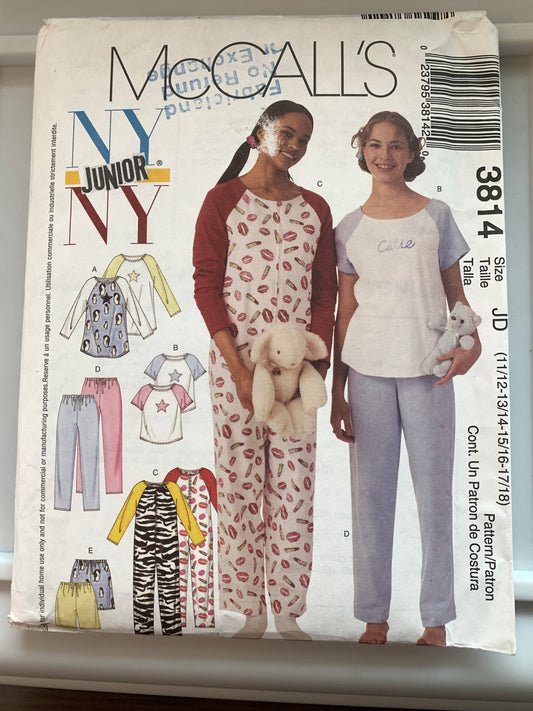 McCall's Sewing Pattern 3814 Misses'/Junior Pajamas, Nightgown, Top, Jumpsuit, Pants, Shorts, Long/Short Sleeves, Zipper Front, Size 11-18, Uncut, 2001