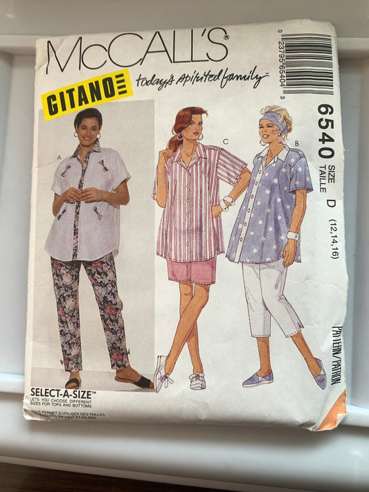 McCall's Gitano Sewing Pattern 6540 Misses' Maternity, Tops, Pants, Shorts, Button Front, Two Lengths, Loose-Fitting, Elastic Waist, Size 12-16, Uncut, Vintage 1993
