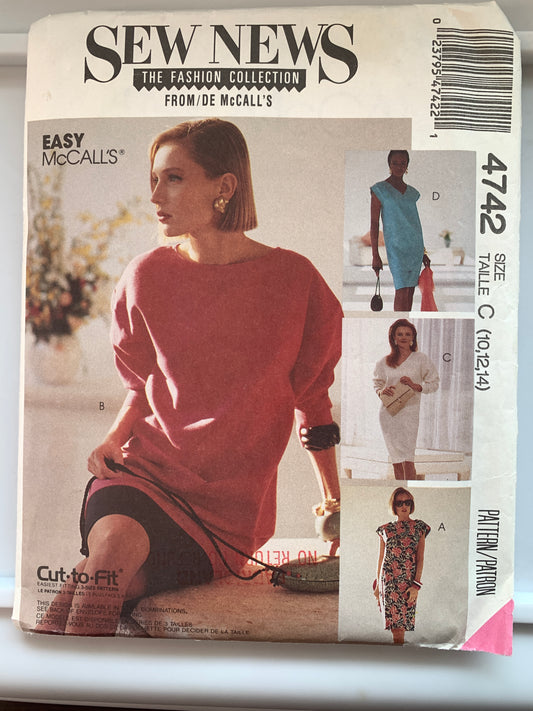 McCall's Sewing Pattern 4742 Misses' Two Pieces Dress, Top, Skirt, Long/Short Sleeves, Size 10-14, Uncut, Vintage 1990