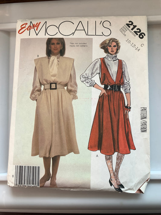 McCall's Sewing Pattern 2126 Misses' Jumper, Dress, Pullover, Pockets, 2 Variations, Size 10-14, Uncut, Vintage 1985