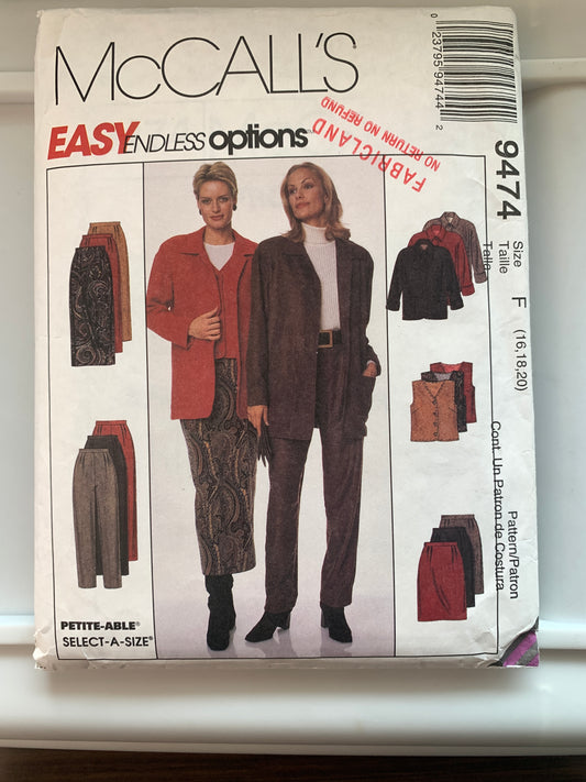 McCall's Sewing Pattern 9474 Misses' Unlined Jacket, Lined Vest, Pants, Skirt, Pockets, Zipper, Size 16-20, Uncut, Vintage 1998