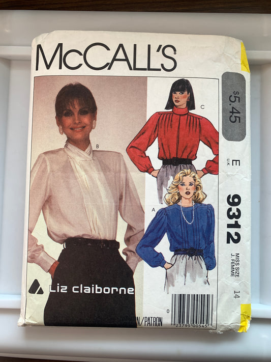 McCall's Sewing Pattern 9312 Misses' Blouse, 3 Variations, Long Sleeves, Button Front, Size 12, Uncut, Vintage 1984