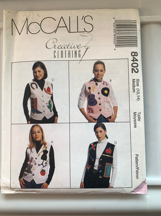 McCall's Sewing Pattern 8402 Misses' Vest, Button Front, Size 12-14, Uncut, Vintage 1996